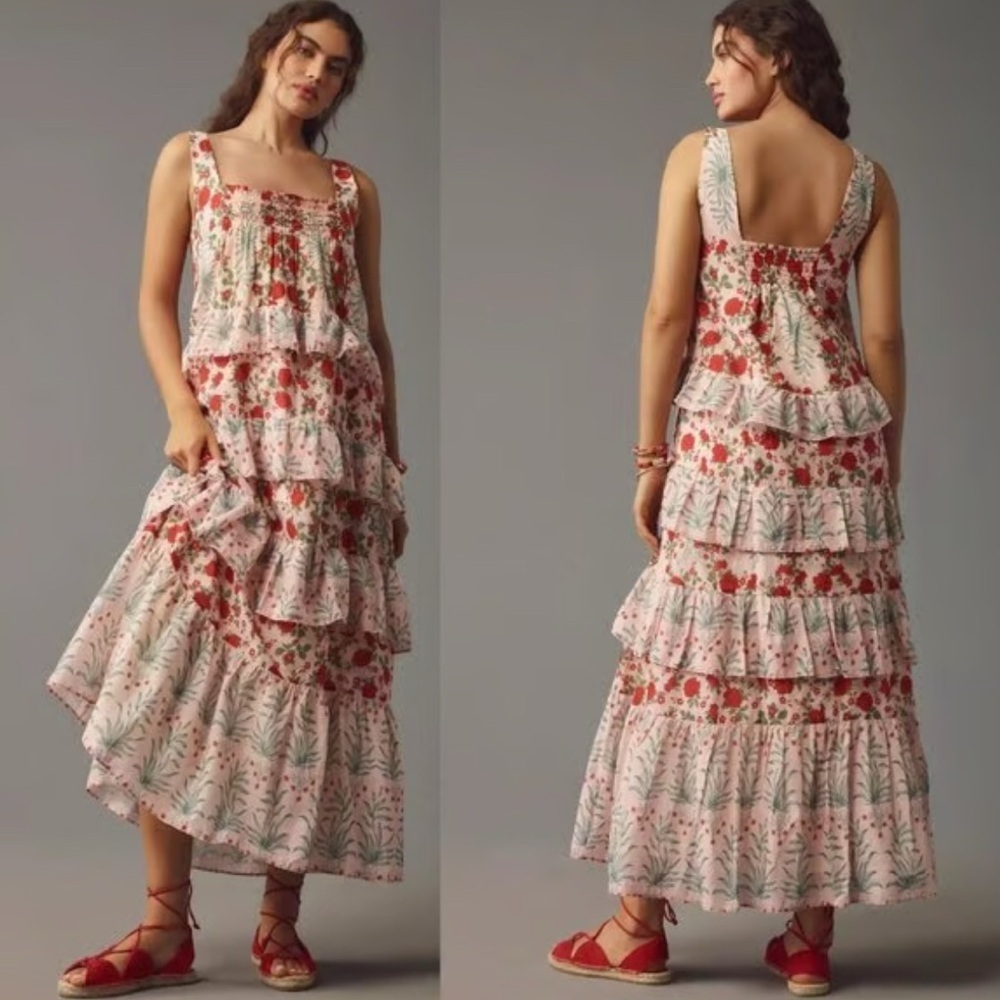 ANTHROPOLOGIE Sz M Floral Tiered Maxi Dress With Ruffles and Smocked Bodice - Picture 1 of 13